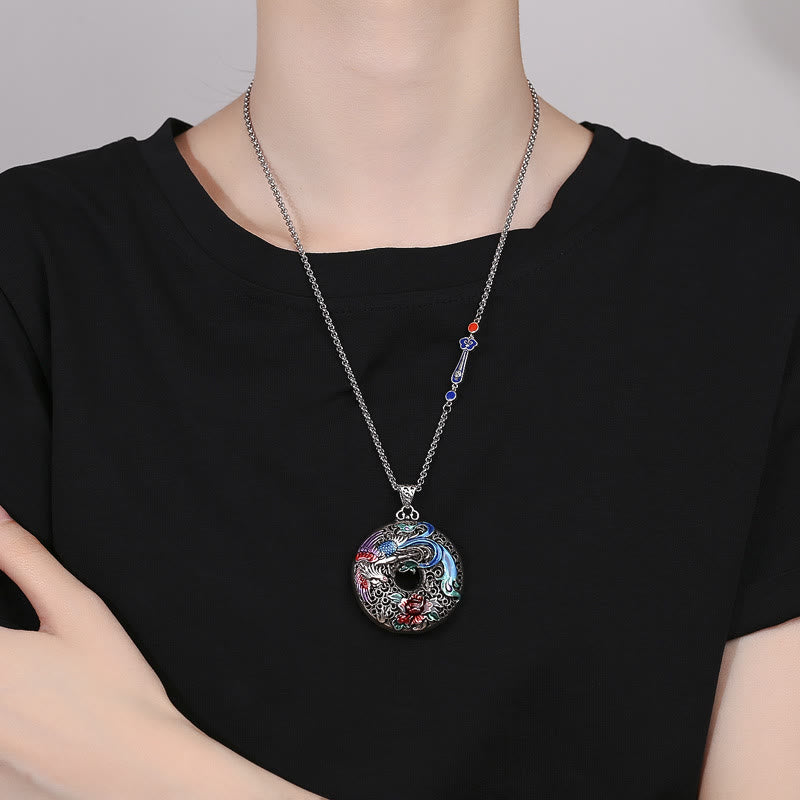 Colgante de collar de protección de la suerte con flor de peonía y fénix de Buddha Stones