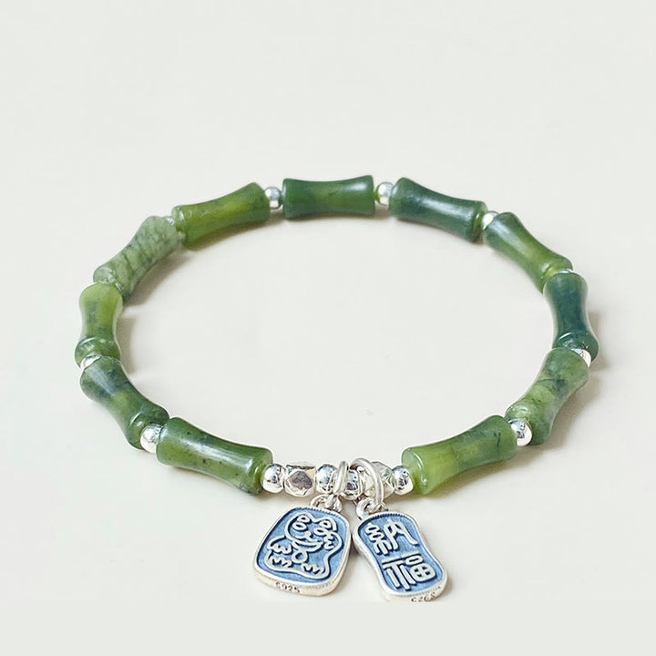 Pulsera de plata de ley 925 con Buddha Stones , bambú, jade, gato de la suerte, carácter Fu, suerte y abundancia - image 5
