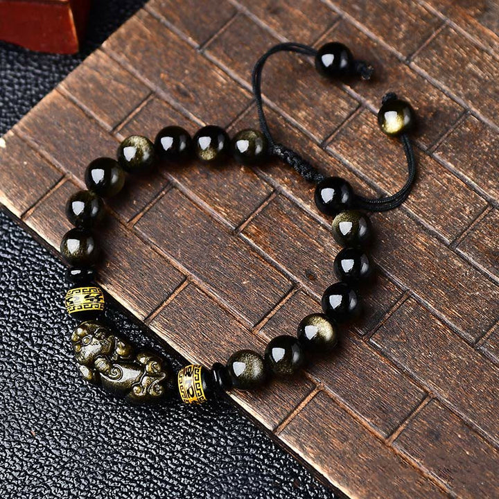 Pulsera trenzada de obsidiana con brillo de oro natural, Buddha Stones , PiXiu Om Mani Padme Hum, riqueza