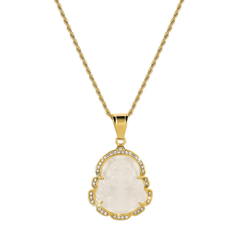 Colgante de cadena con collar de la suerte de jade de Buda sonriente relleno de oro de 18 quilates con Buddha Stones - Blanco - image 7