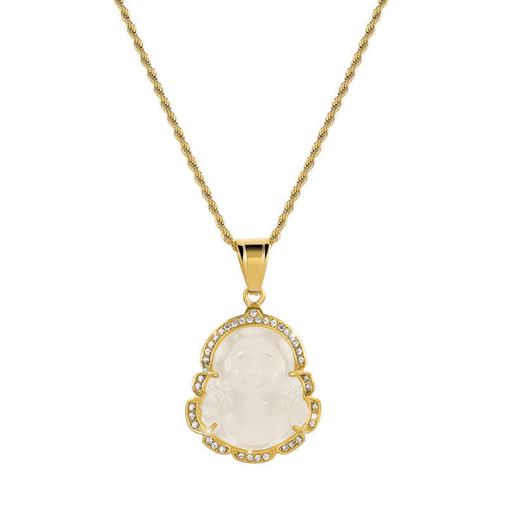 Colgante de cadena con collar de la suerte de jade de Buda sonriente relleno de oro de 18 quilates con Buddha Stones - Blanco - image 7