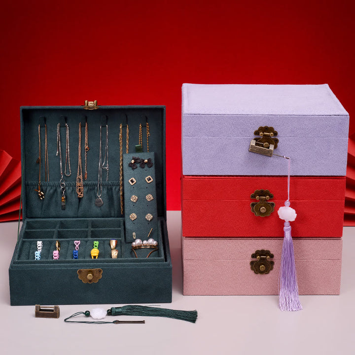 Caja organizadora de joyas de diseño Simple con Buddha Stones, caja de almacenamiento de joyas de dos capas, caja de franela con cerradura - image 0