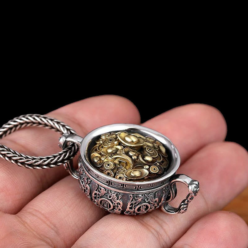 Colgante de collar de riqueza con lingotes de monedas de cobre y cuenco del tesoro de Buddha Stones