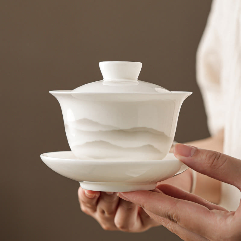 Buddha Stones Pintura De Tinta Vintage Montaña Porcelana Blanca Cerámica Gaiwan Sancai Taza De Té Kung Fu Taza De Té Y Platillo Con Tapa Utensilio De Té Tetera