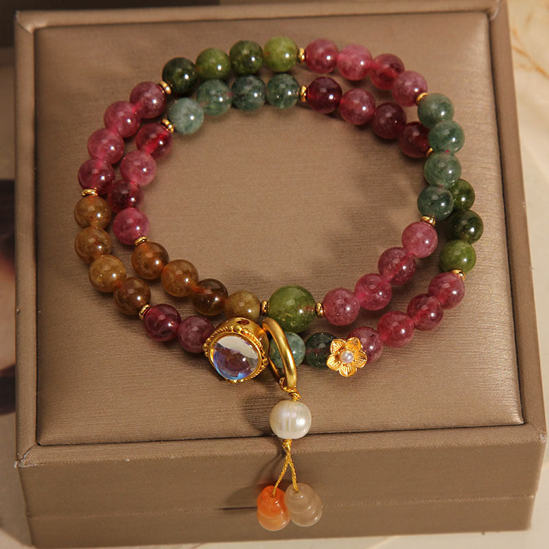 Pulsera con dije de calabaza de doble vuelta positiva con turmalina multicolor y Buddha Stones