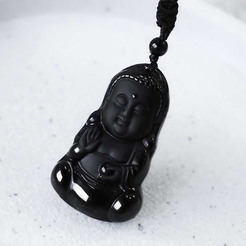 Buddha Stones de cristal de obsidiana negra natural, amuleto de protección de fuerza de Buda, collar con colgante de amuleto de la suerte - image 7