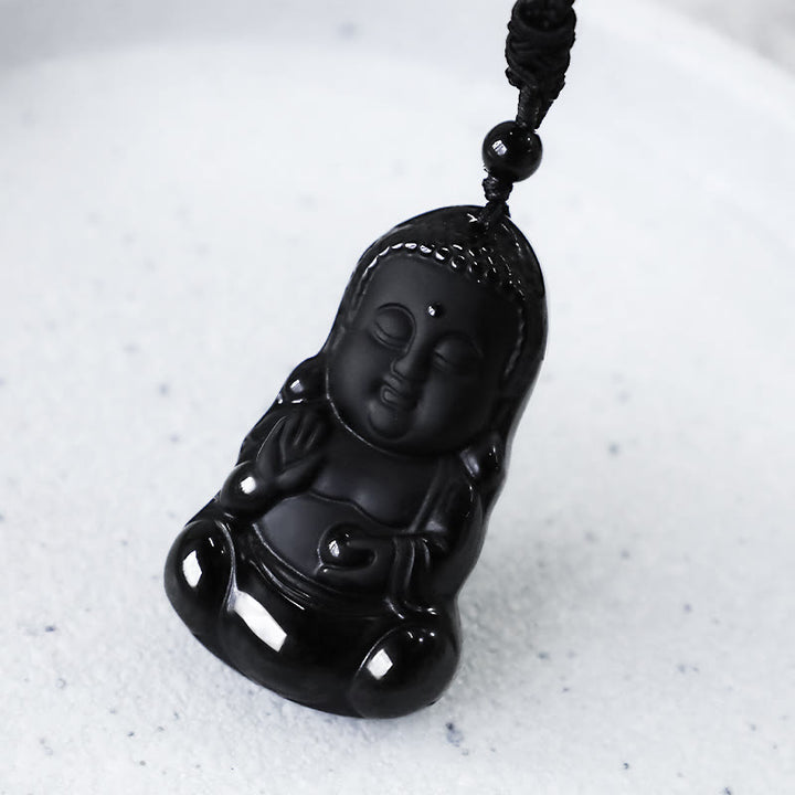 Buddha Stones de cristal de obsidiana negra natural, amuleto de protección de fuerza de Buda, collar con colgante de amuleto de la suerte - image 7
