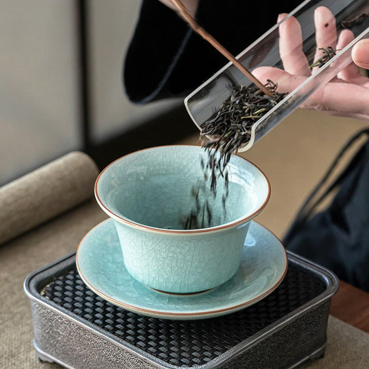 Taza de té y platillo de cerámica con esmalte de hielo, Retro verde, Buddha Stones , Gaiwan Sancai, Kung Fu