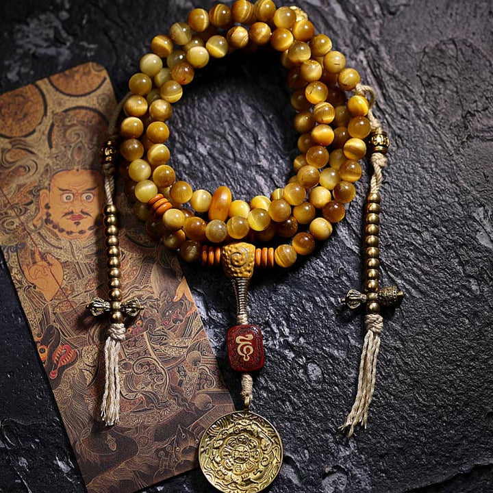 Pulsera con borlas de protección Dorje de cobre y ojo de tigre Natural, 108 cuentas de Mala , Buddha Stones