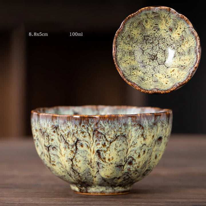 Tazas de té de cerámica con diseño de flor de melocotón y Buddha Stones