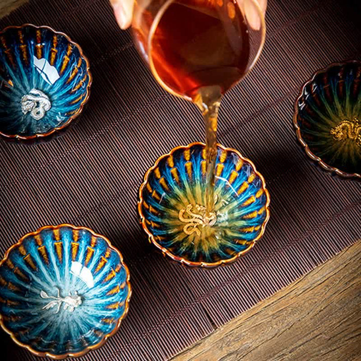 Tazas de té de cerámica con incrustaciones de Buddha Stones, loto, pez dorado, dragón auspicioso, fénix, 130 ml
