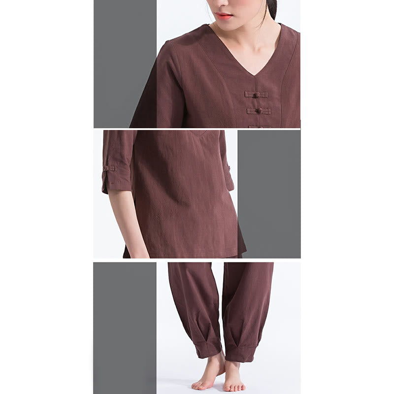 Conjunto de ropa de lino y algodón con diseño de cuello en V para mujer, uniforme de práctica Zen, Buddha Stones, Yoga, meditación y oración