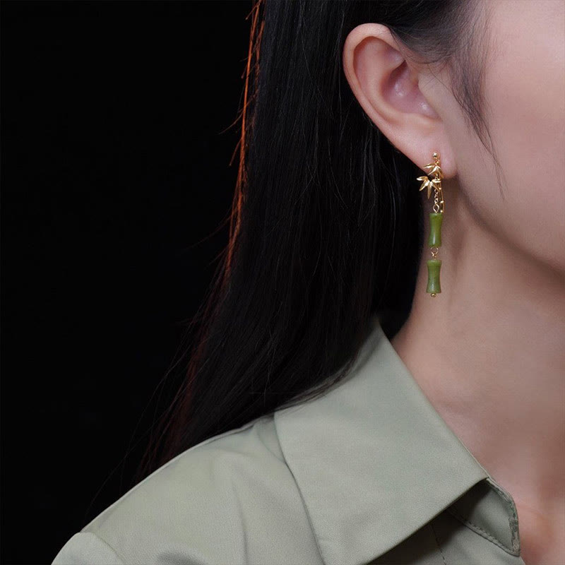 Pendientes colgantes de hoja de bambú, peridoto natural, oro chapado en cobre, postes de plata de ley 925 con Buddha Stones