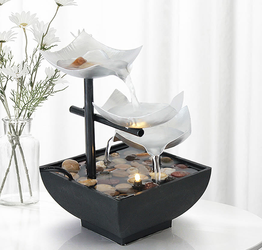 Adornos de loto de mesa de fuente de cascada de tres capas con decoración de escritorio de rocas de río - image 1