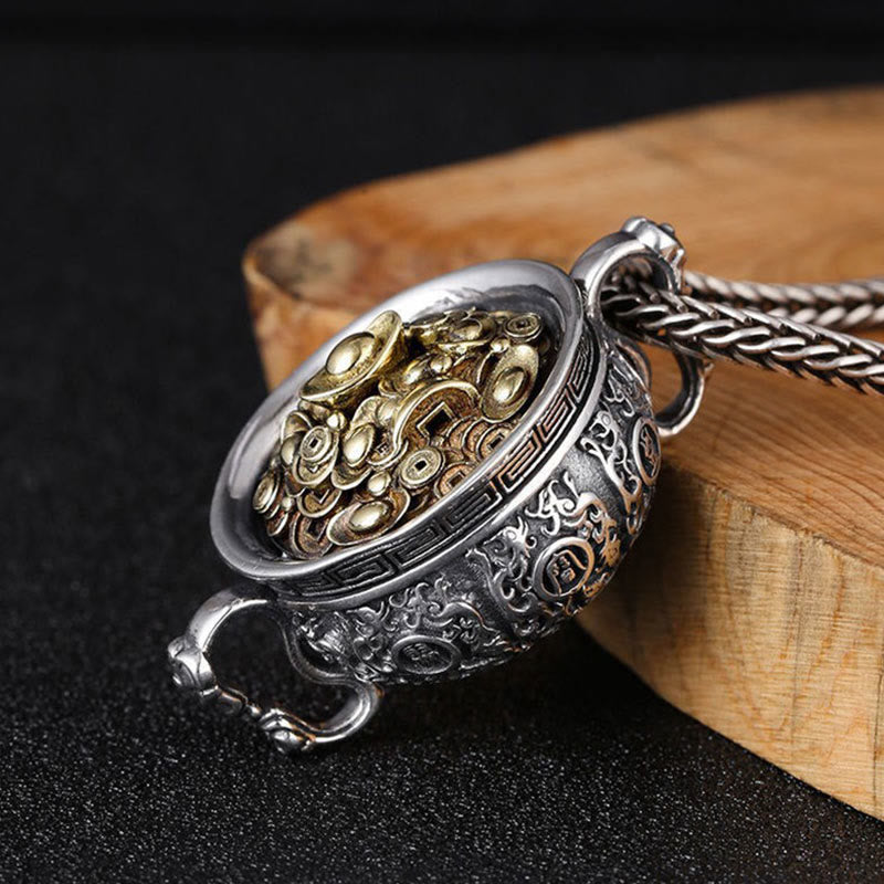 Colgante de collar de riqueza con lingotes de monedas de cobre y cuenco del tesoro de Buddha Stones