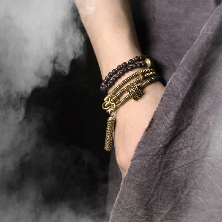 Pulsera curativa multicapa de latón y cobre con Buddha Stones y roca de lava vintage - image 1