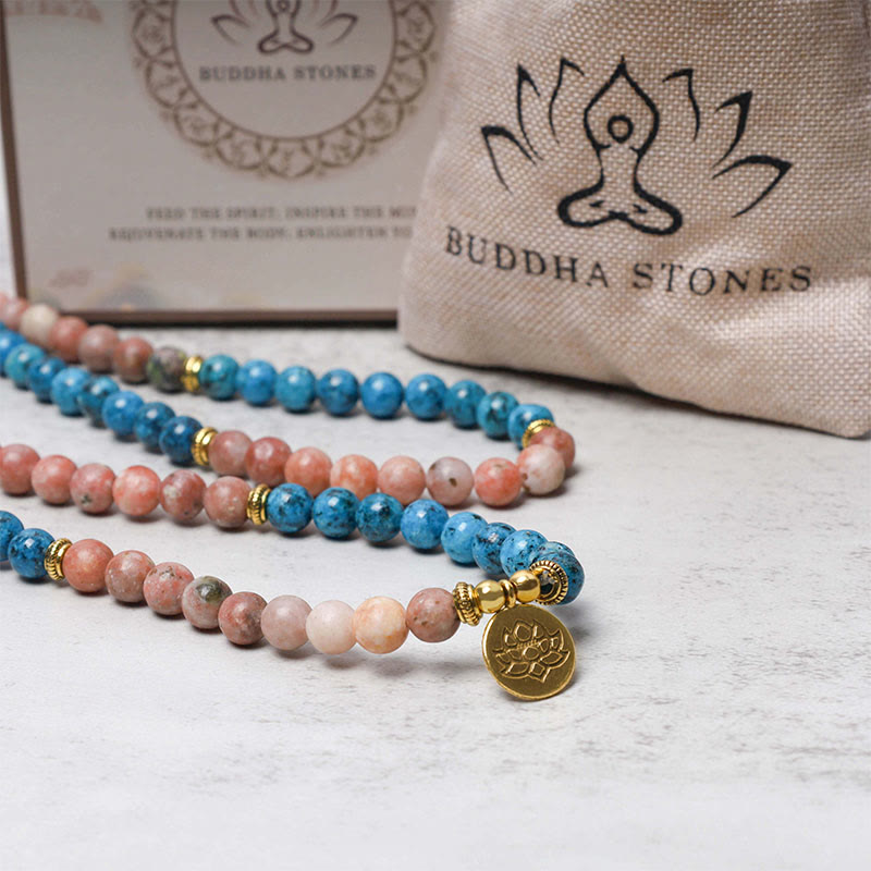 Buddha Stones 108 cuentas Mala apatita piedra roja loto meditación oración pulsera de cuentas