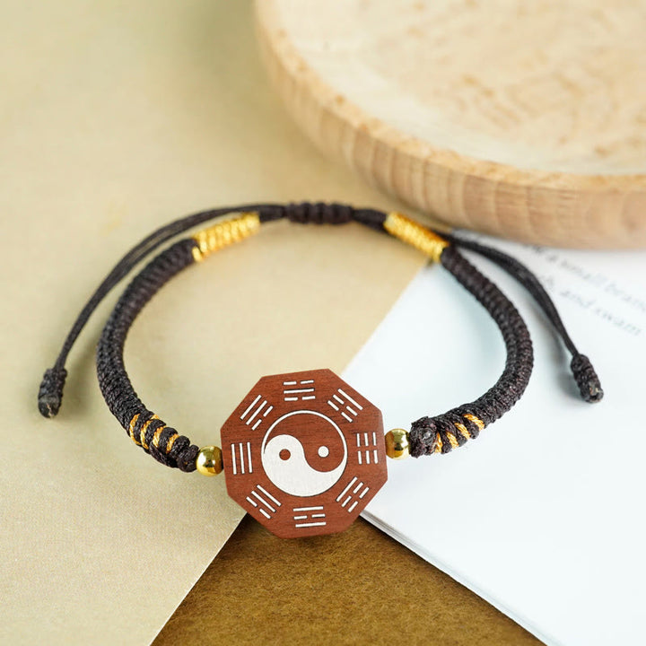 Buddha Stones hoja pequeña sándalo rojo madera de azufaifo madera de ébano plata con incrustaciones Yin Yang Bagua pulsera de protección de cazo grande