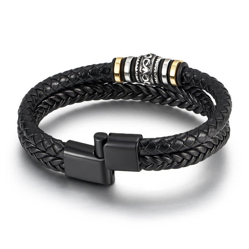 Pulsera trenzada con equilibrio de acero y titanio en capas de cuero con Buddha Stones