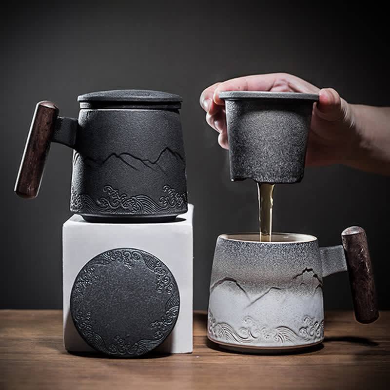 Tazas de té de cerámica vintage con diseño de Buddha Stones y piedras de montaña y mar