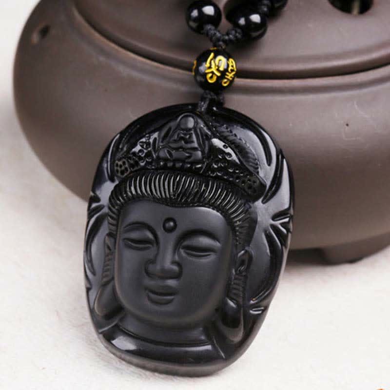 Buddha Stones Obsidiana Negra Natural Kwan Yin Avalokitesvara Collar de Cuerda de Fuerza Colgante - image 7