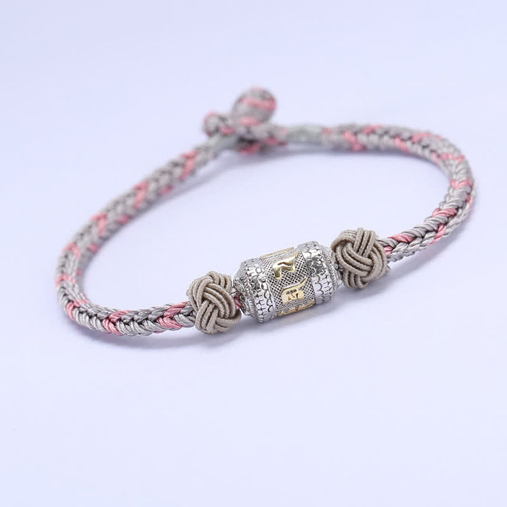 Pulsera de hilo rojo de plata de ley 925 con Buddha Stones Om Mani Padme Hum, rueda de oración, fuerza de la suerte - Gris y rosa - 18 centímetros - image 12