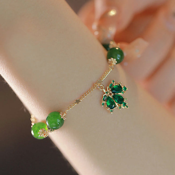 Pulsera de fuerza de valor de hoja de arce de calcedonia verde chapada en oro de 14 quilates con Buddha Stones