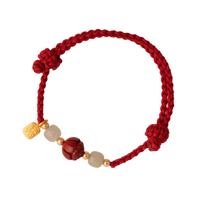 Pulsera de tejido de hilo rojo tranquilo con loto de jade y cinabrio de Buddha Stones
