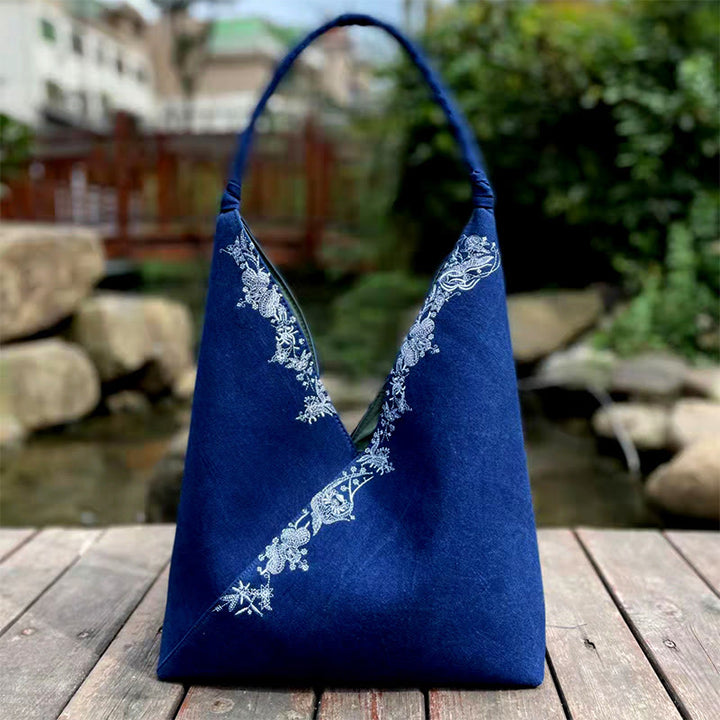 Conjunto de bolso de hombro de lona con patrón de bordado hecho a mano con Buddha Stones