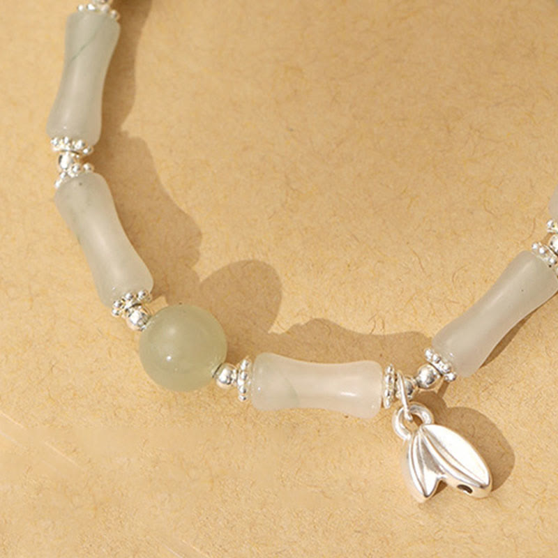 Pulsera de la suerte con dije de bambú de Jade Tianshan Natural de Plata de Ley 925 con Buddha Stones