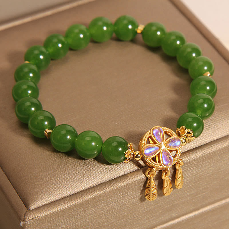 Pulsera de la suerte con trébol de cuatro hojas y atrapasueños de jade verde con Buddha Stones