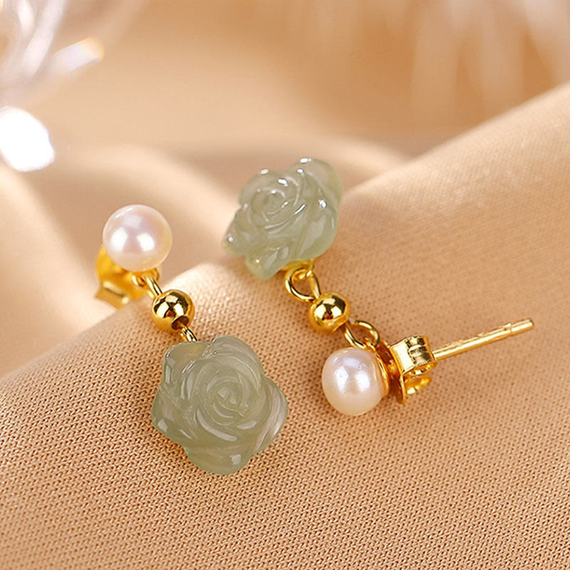 Pendientes de la suerte con perlas de jade cian y flor de rosa de jade chapado en plata de ley 925 con Buddha Stones