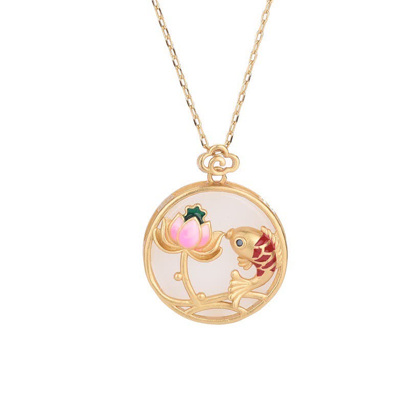 Colgante de collar de bendición de loto de pez koi de jade blanco - image 5