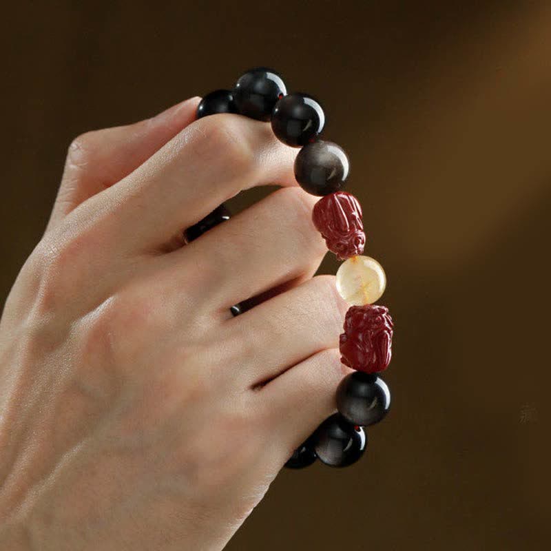 Pulsera de protección Om Mani Padme Hum de cinabrio PiXiu de obsidiana con brillo dorado de Buddha Stones