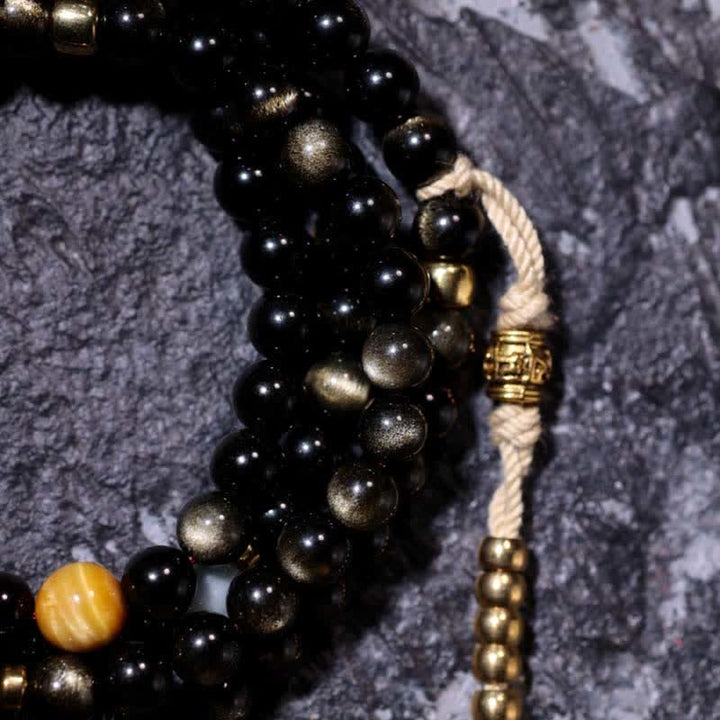 Pulsera de riqueza de piedra de ojo de águila de ojo de tigre de obsidiana con brillo dorado de 108 cuentas Mala