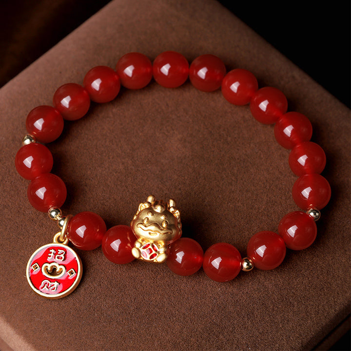 Buddha Stones Año del Dragón Ágata Roja Natural Moneda de Cobre Atraer Pulsera de la Fortuna