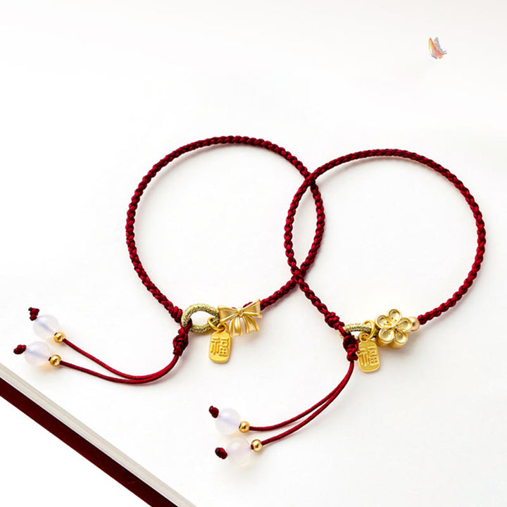 Buddha Stones hechas a mano, flor de melocotón, roseta, lazo, nudo Fu, amuleto, suerte, pulsera de cuerda roja