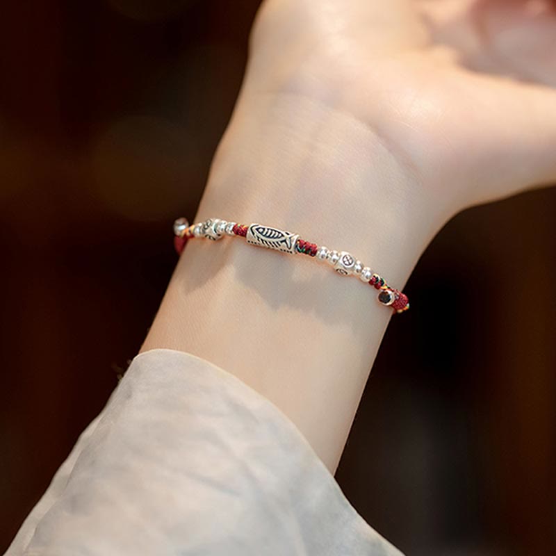 Pulsera tobillera de hilo colorido trenzado con pez Koi de la suerte de plata de ley 925 con Buddha Stones - image 5