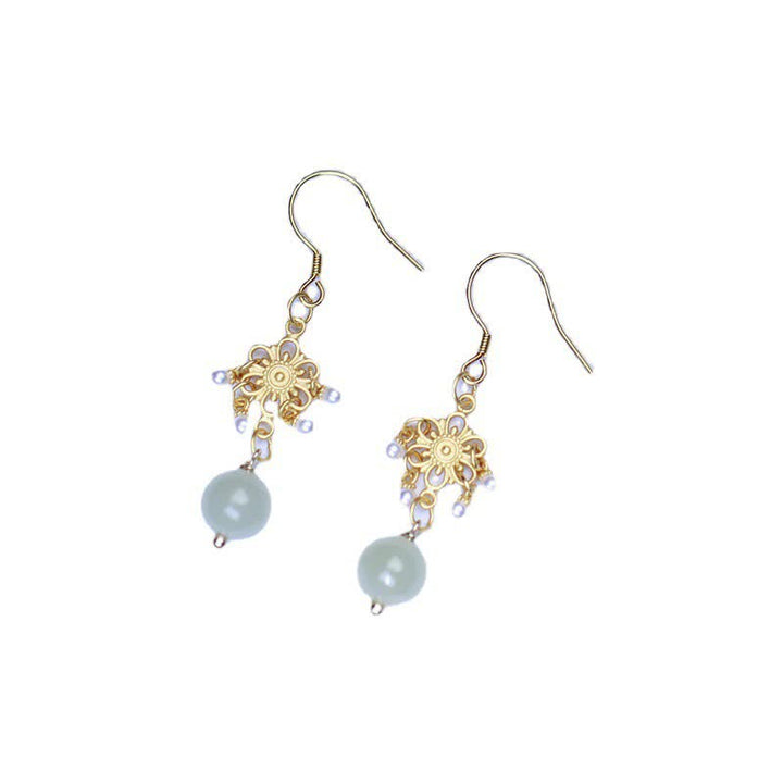 Pendientes colgantes con forma de gota de la suerte, chapados en oro de 14 quilates, con patrón de flores de jade hetiano