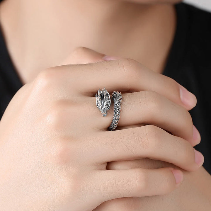 Anillo ajustable de plata de ley 925 con Buddha Stones , diseño de dragón vintage, protección del éxito, fuerza