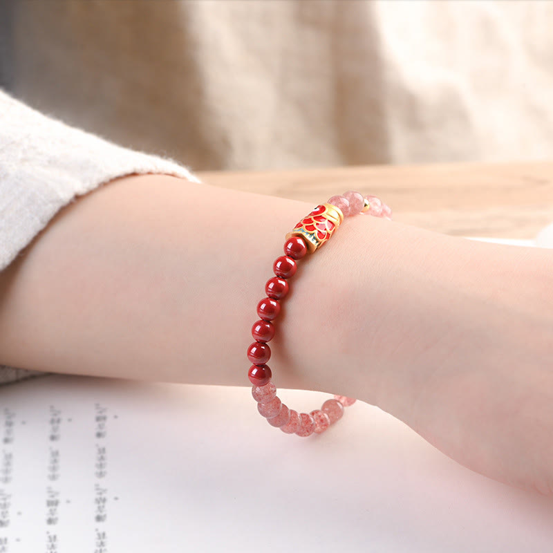 Pulsera curativa de peces Koi de la suerte, cinabrio, cuarzo fresa Natural, Buddha Stones