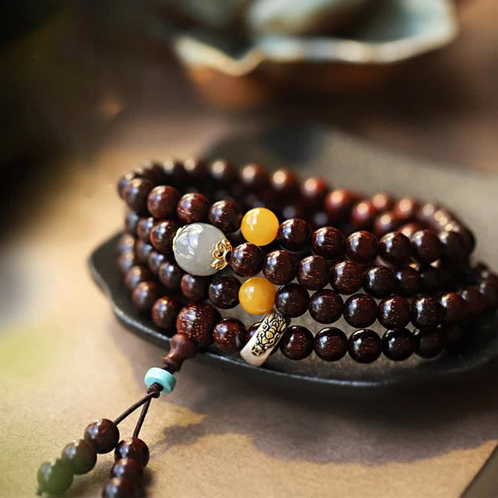 Pulsera de plata de ley 925 con Buddha Stones , hoja pequeña india, sándalo rojo, jade gris hetiano, ámbar, estrella dorada