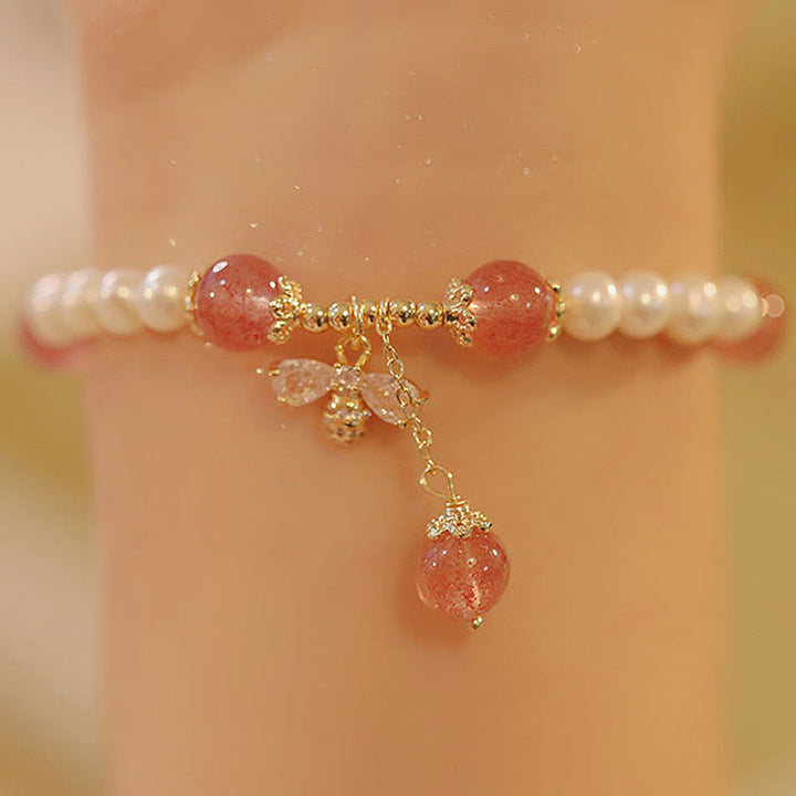 Pulsera con dije de abeja y miel curativa de cuarzo fresa y perlas naturales con Buddha Stones