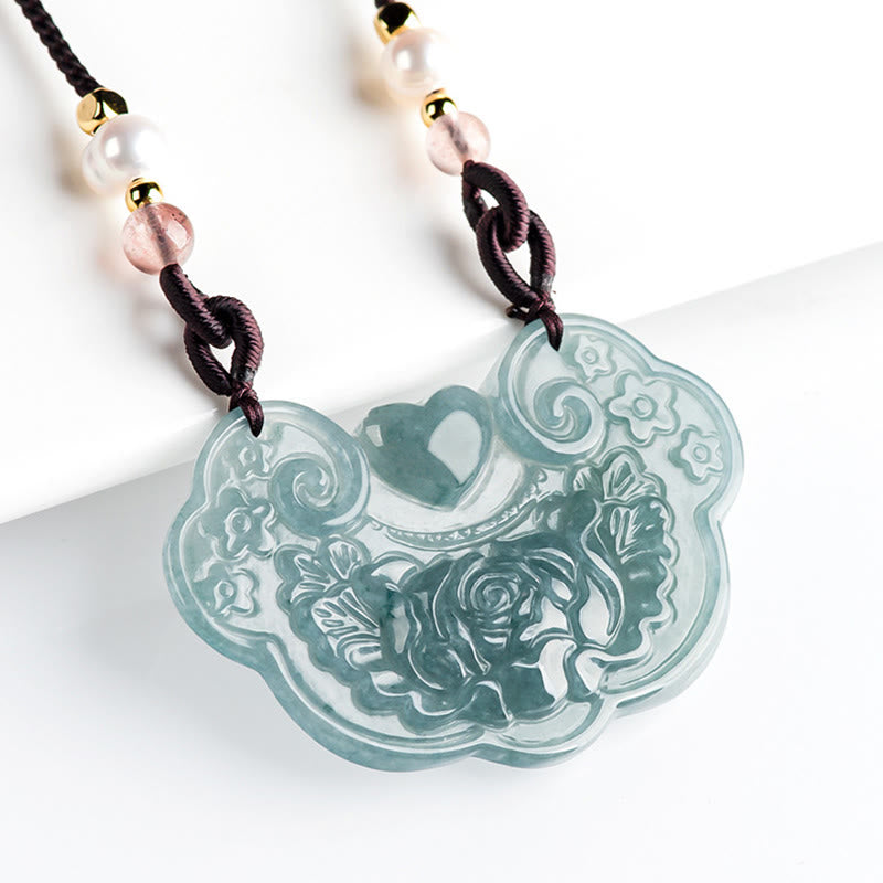 Buddha Stones Natural Jade Peonía Flor Candado de Buenos Deseos Prosperidad Collar Colgante