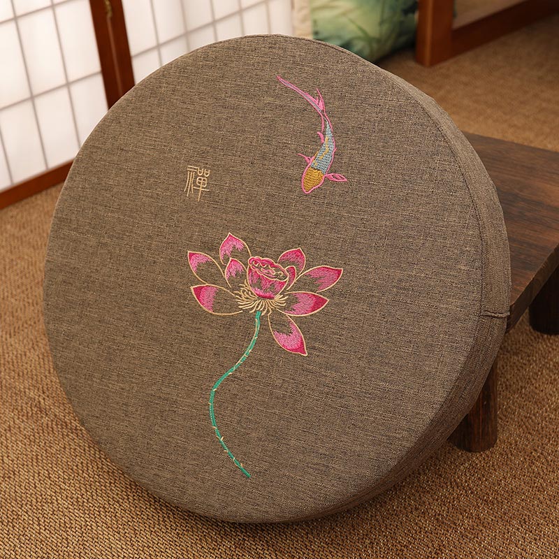 Cojín de asiento de meditación de lino y algodón con bordado de loto y Buddha Stones