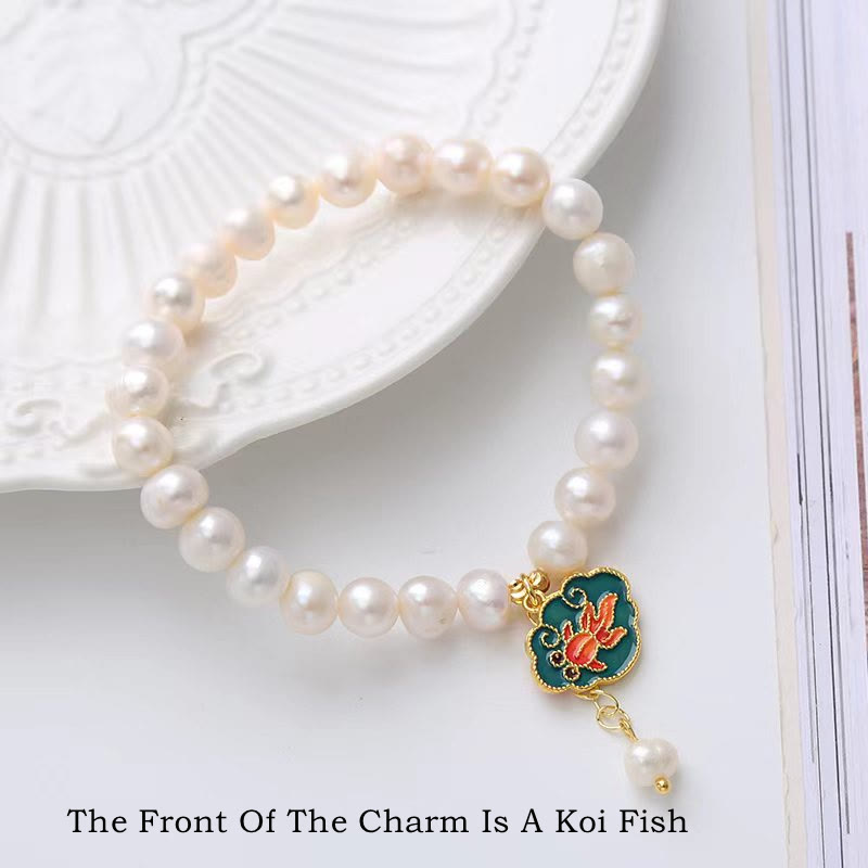 Pulsera con dije de optimismo, pez dorado, pez koi, perla natural
