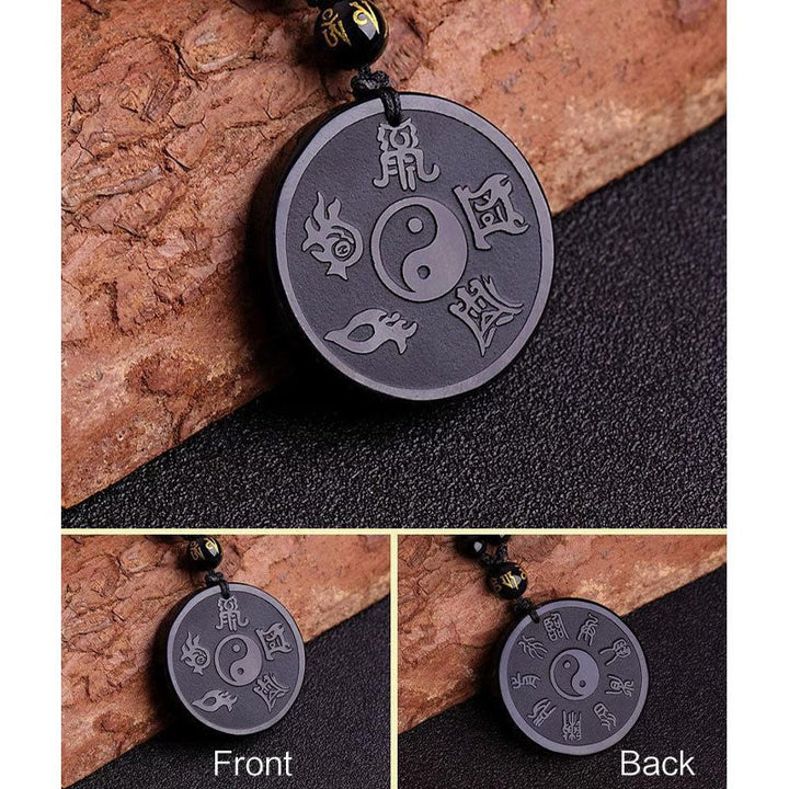 Buddha Stones Negra Natural Taoísmo Cinco Montañas Sagradas Mantra de Nueve Caracteres Tallado Fuerza Yin Yang Collar Colgante Llavero - image 7