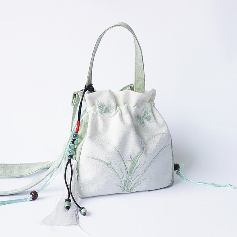Bolso de hombro de lona con flores bordadas hechas a mano con Buddha Stones