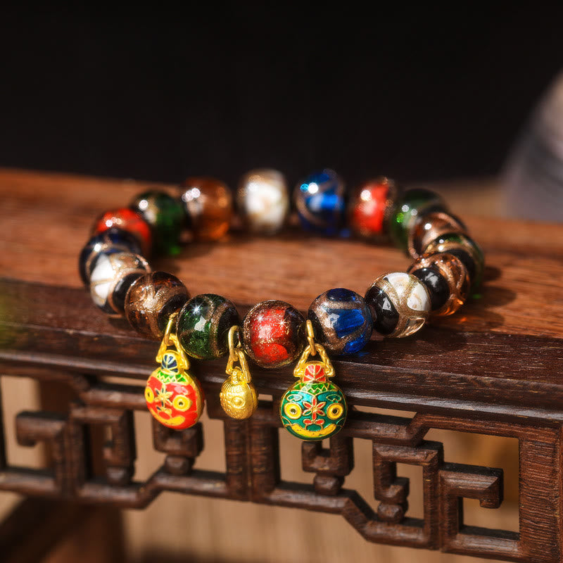 Pulsera de la suerte con cuentas de cristal Liuli, Buddha Stones, cinco elementos, oro, bestia tragadora, familia - Familia de bestias tragadoras grandes, rojas, verdes y doradas de Liuli Glass Bead y Glass Bead. - 14 mm (15 cuentas) - image 4