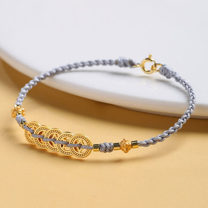 Pulsera trenzada de cuerda azul con Buddha Stones, moneda de cobre, árbol de la fortuna, perla, suerte